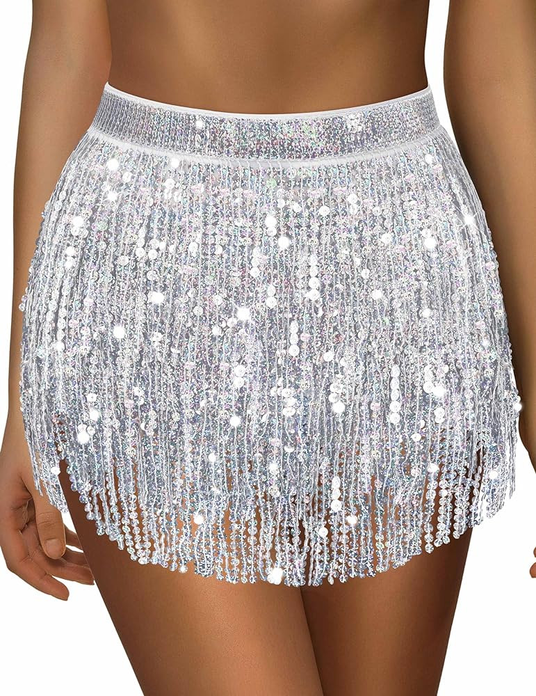 Sequin Skirt Sparkly Skirt Belly Dance Skirt Glitter Skirt Rave Sparkle Skirt Sequin Tassel Skirt... | Amazon (US)