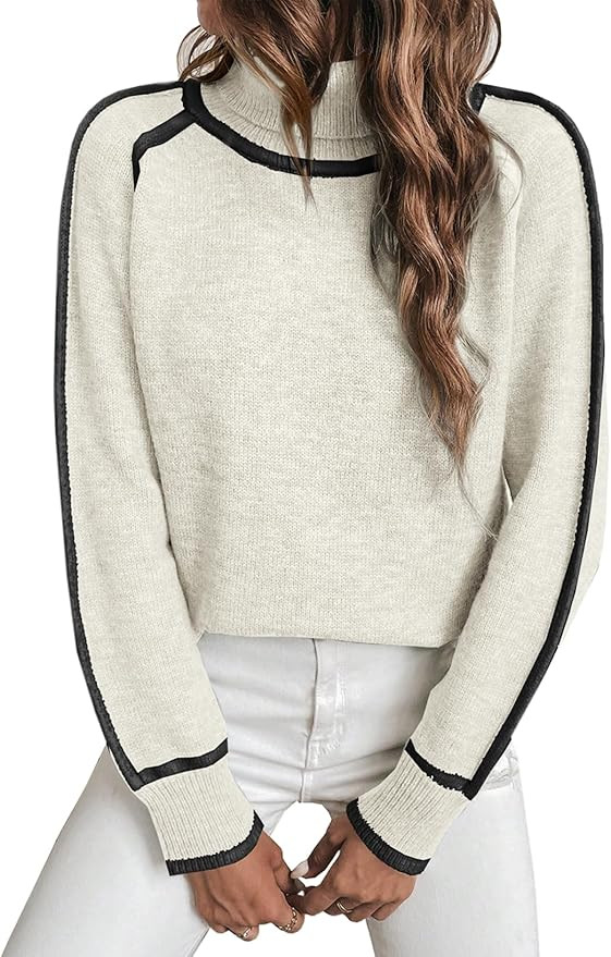 EVALESS Womens Long Sleeve Turtleneck Pullover Sweaters Casual Loose Color Block Cozy Knit Tops | Amazon (US)