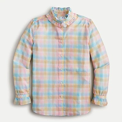 J Crew Classic-fit cotton-silk voile ruffleneck shirt in pastel plaid Size 8 | eBay US