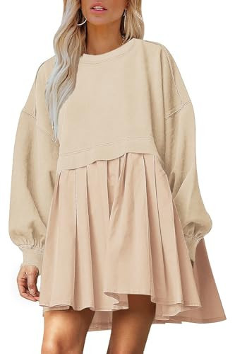 Dokuritu Sweatshirt Dress Women Crew Neck Long Sleeve Patchwork Pullover Tops Flowy Oversized Sweatshirt Mini Dress Beige | Amazon (US)