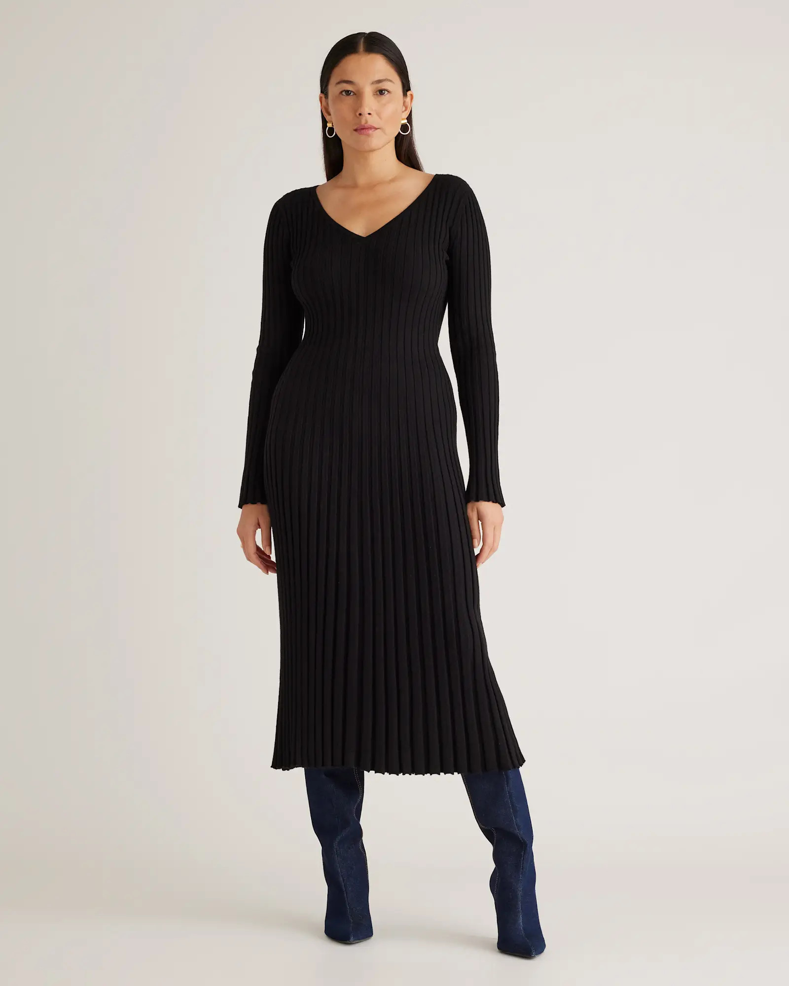 Cotton Cashmere Ribbed Long Sleeve V-Neck Midi Dress | Quince