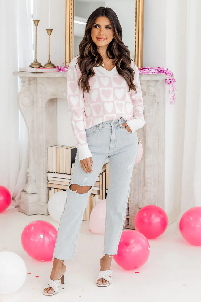 Loving You Is Easy Pink Checkered Heart Sweater | Pink Lily