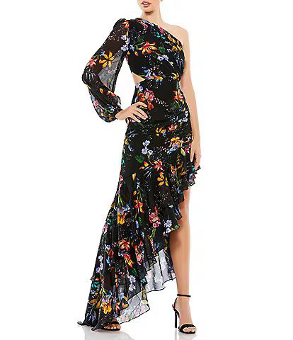 Ieena for Mac Duggal Asymmetric One Shoulder Thigh High Slit Short Sleeve Jersey Midi Dress | Dillard's