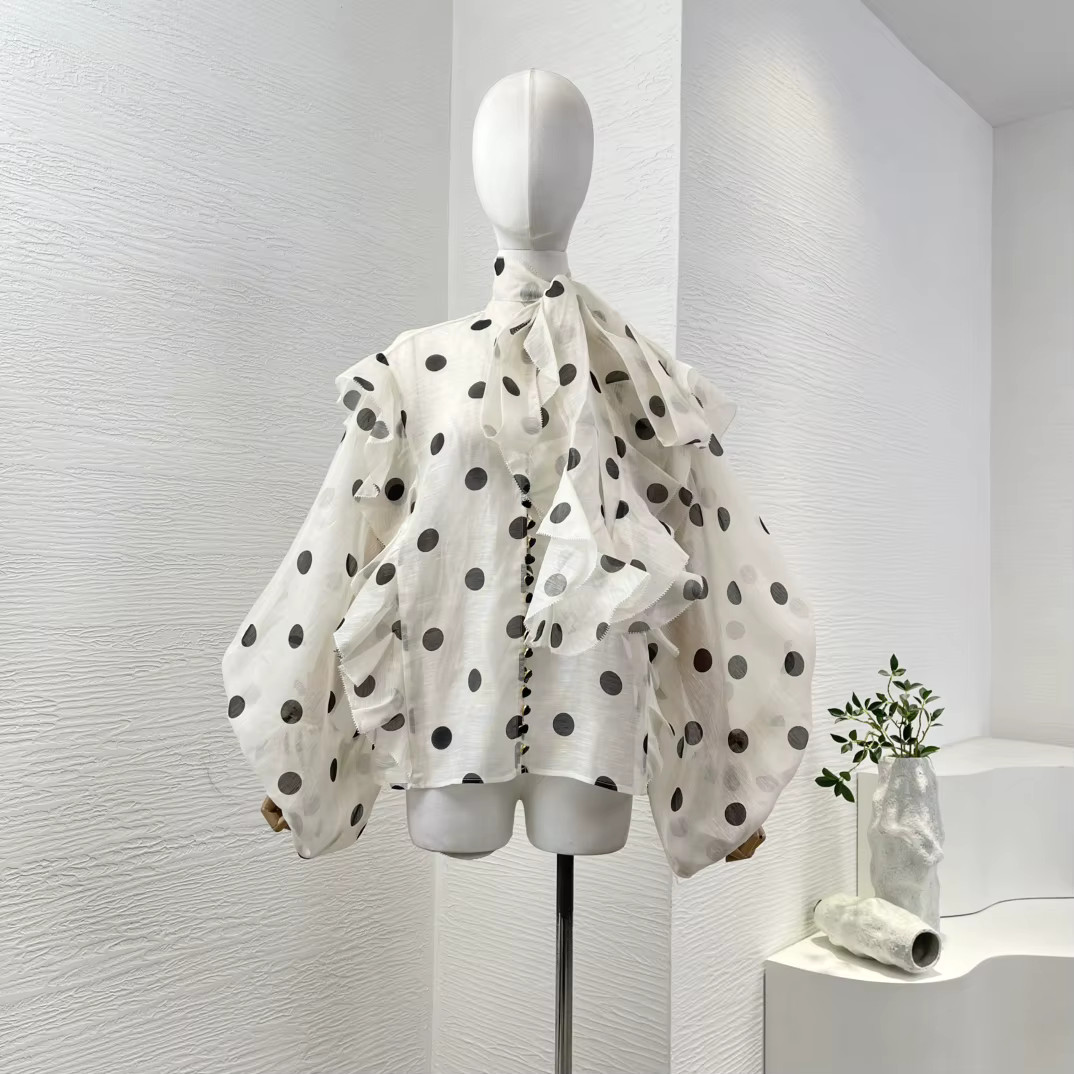 Chemisier en lin et soie, haute qualité, imprimé à pois blancs, manches longues, à volants, n... | Aliexpress EU