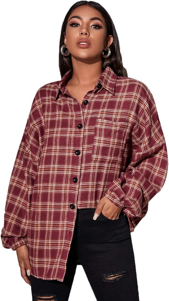 SweatyRocks Women's Long Sleeve Collar Plaid Long Button Down Shirt Blouse Tops Red Plaid Large a... | Amazon (US)
