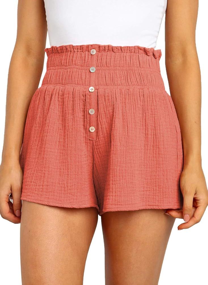 Dokotoo Womens Casual Summer Smocked Elastic Waist Comfy Button Detail Beach Shorts | Amazon (US)