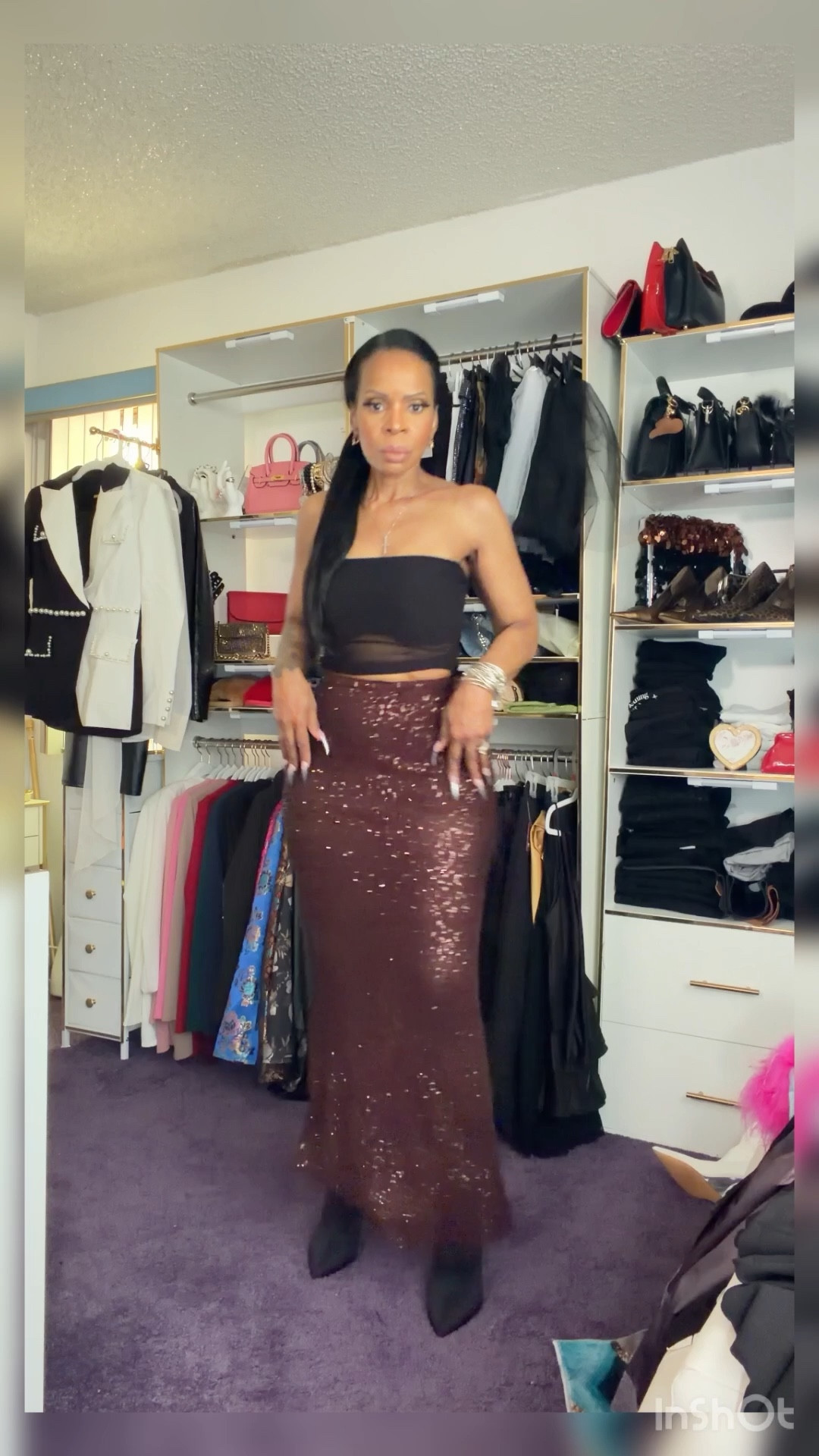 “Chocolate Shimmer done right🖤”  Lost in paradise sequin maxi skirt- chocolate: @fashionnova
Let the skirt do the talking! I’m still looking for the perfect top, heels and accessories for this beautiful skirt.  It’s actually a BEACH  coverup skirt. A good halter top is needed 

#LTKootd #LTKOver40