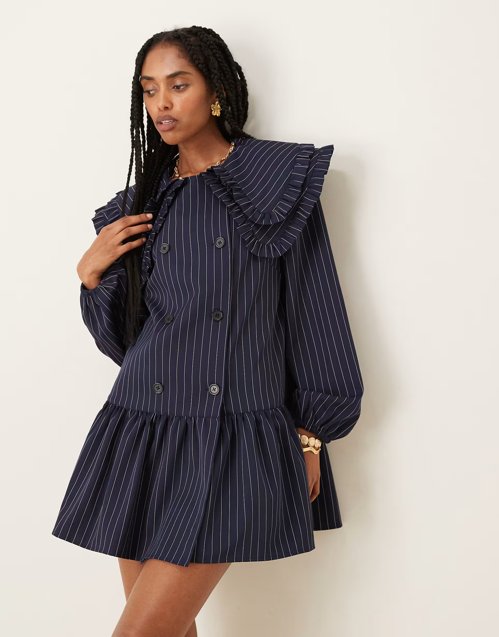 Neon Rose pinstriped double collar mini smock dress in navy | ASOS | ASOS (Global)