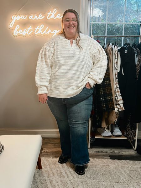 Plus size outfits I wore on a family girls trip to Highlands, NC! What I wore to a casual dinner out. Lane Bryant flare jeans (size 28), Lane Bryant Dream Cloud boots (linked similar), Target sweater (size 4X), Target necklace, and Warby Parker glasses. 

#LTKcurves #LTKstyletip #LTKSeasonal