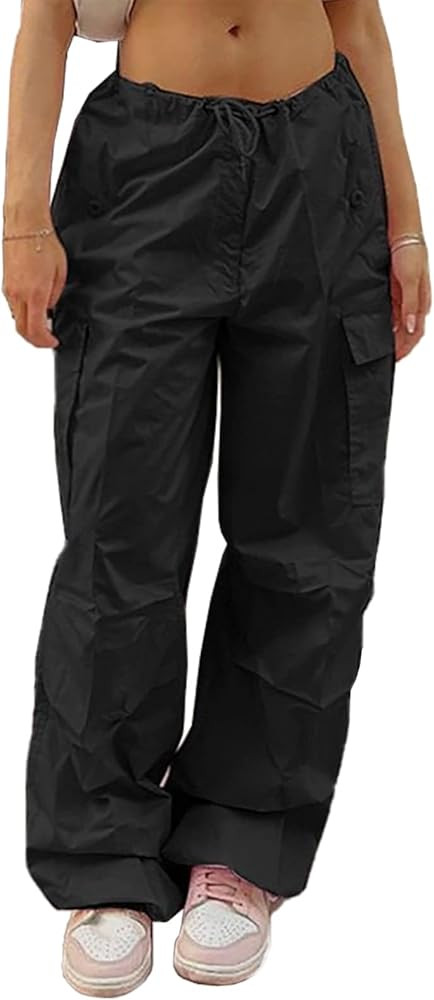 Parachute Pants for Women Drawstring Baggy Cargo Pants Y2K Trouser Low Rised Jogger Sweatpants | Amazon (US)