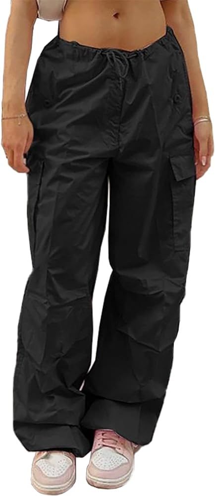 Parachute Pants for Women Drawstring Baggy Cargo Pants Y2K Trouser Low Rised Jogger Sweatpants | Amazon (US)
