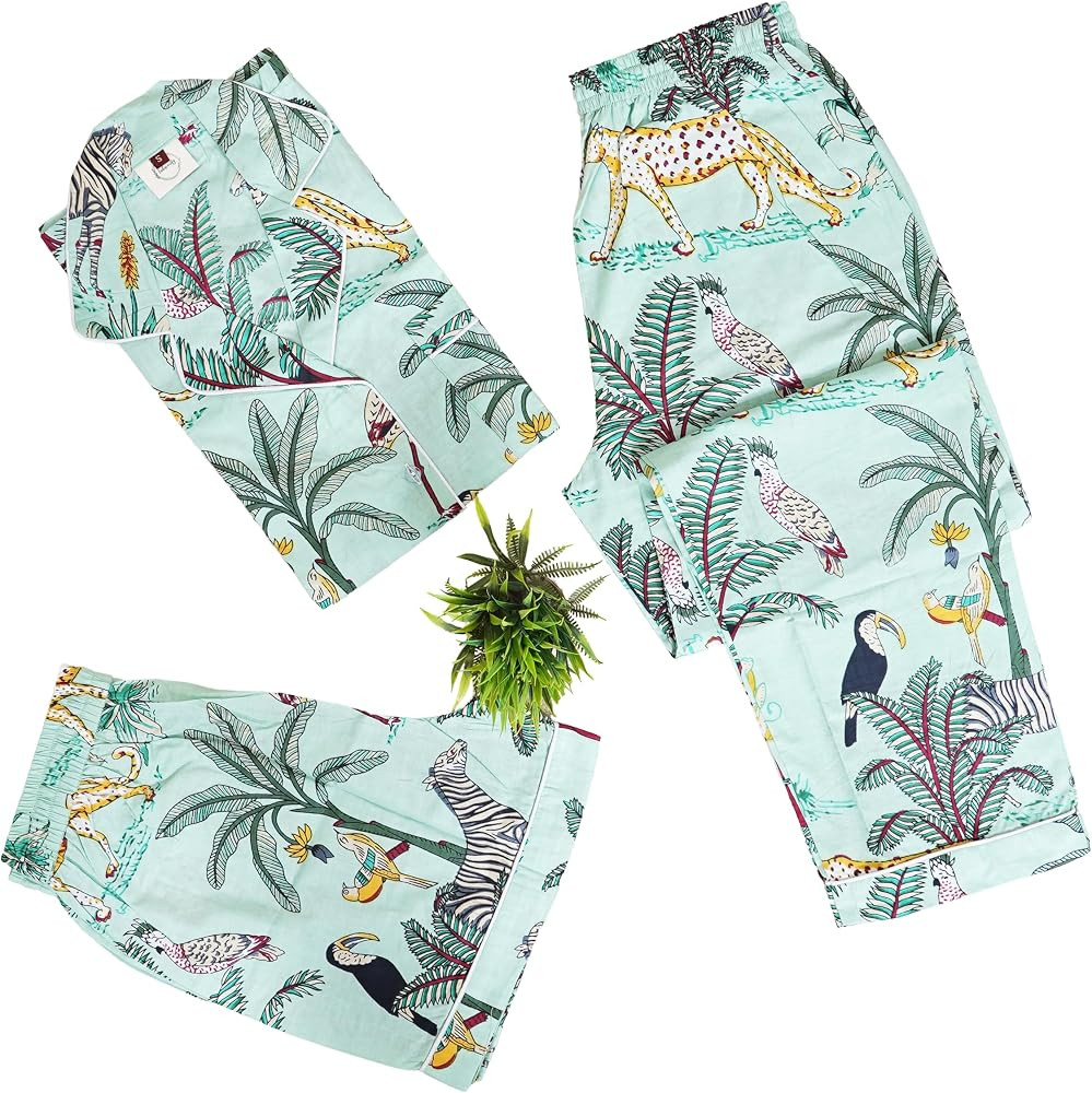 INDACORIFY 100% Cotton Jungle Print Pajama Set Indian PJ Set, Night Wear Bridesmaid Pajama Set, W... | Amazon (US)