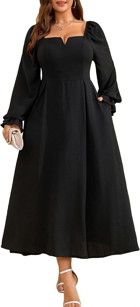 RWJ Long Sleeve Dress for Women 2025 Fall V Neck Elegant Flowy Plus Size Formal Wedding Guest Max... | Amazon (US)