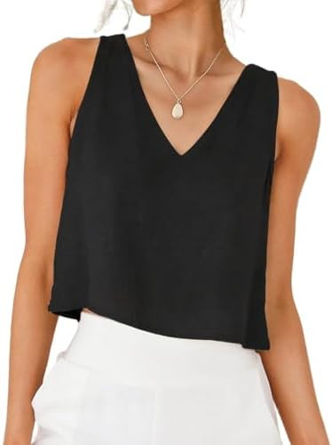 IDEALSANXUN Womens V Neck Cropped Linen Tank Tops Spring Summer Sleeveless Shirts | Amazon (US)