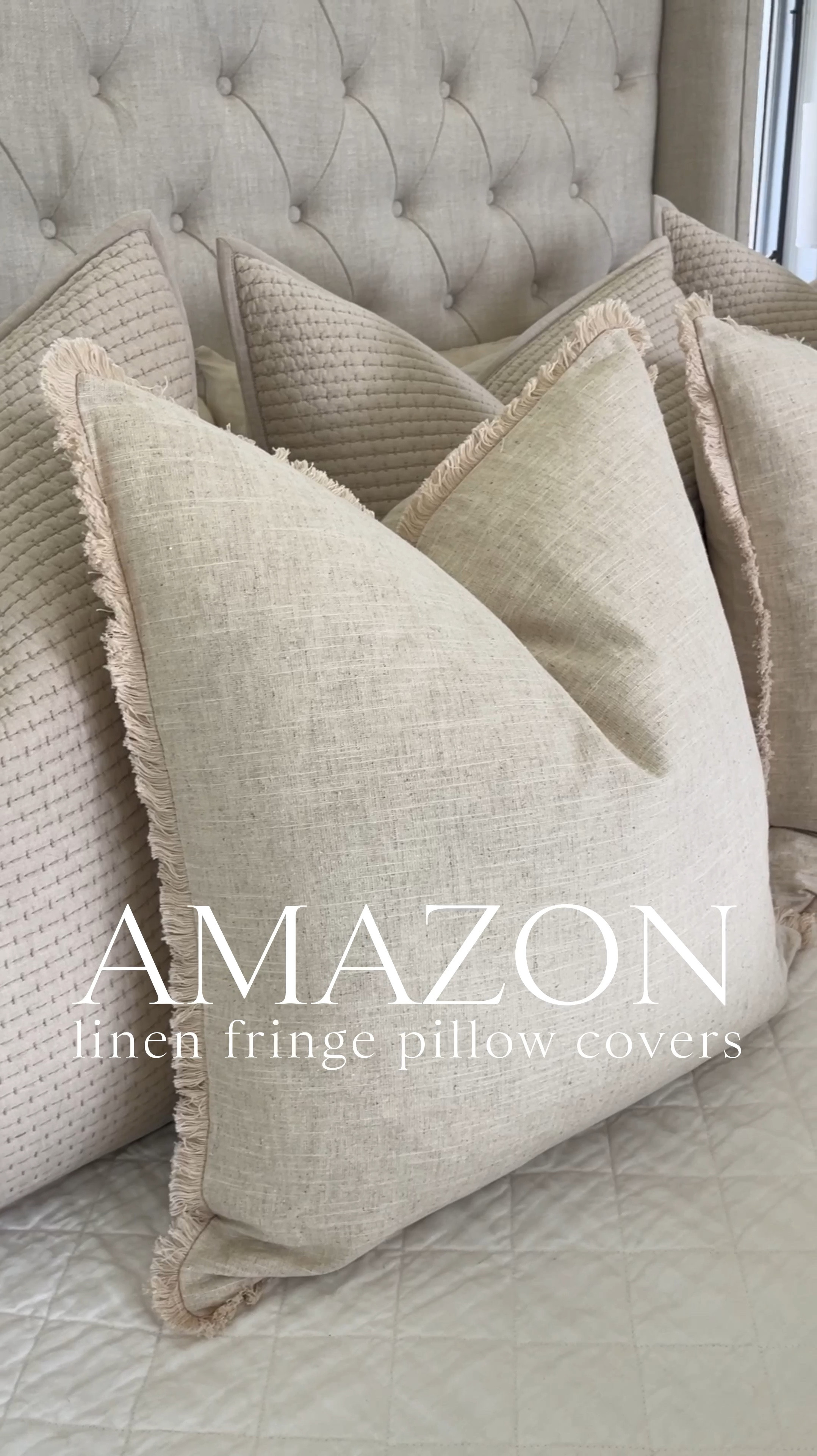 HOME \ Amazon linen fringe pillows find and how I style it on my bed🤍 A set of 2 is only $32 for 24”x24”👌🏻👌🏻 Using my favorite turbo steamer to get all the creases out and stuffing the cover with a fluffy insert for extra volume (size up!). 

Bedroom decor
Bedding 

#LTKVideo #LTKHome #LTKFindsUnder50