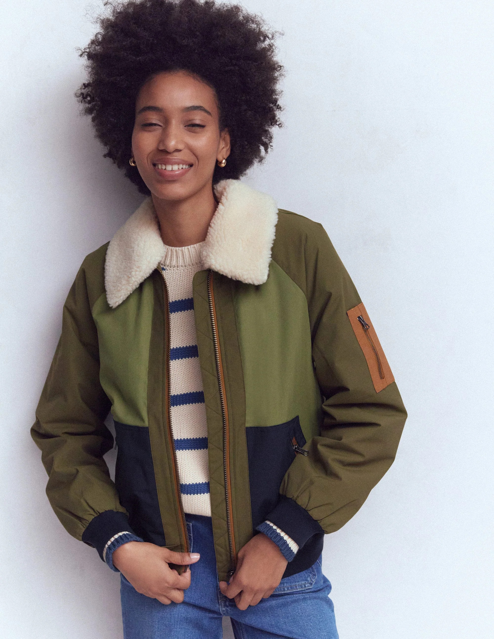 Borg Detail Bomber Jacket-Woodland Green | Boden (US)