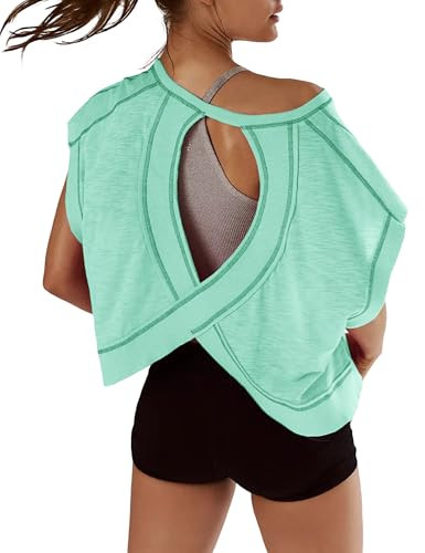 Kumufenc Womens Oversized Tshirts Open Back Batwing Sleeve Gym Shirts Boat Neck Slouchy Tees Workout Athletic Top(Green,XXL) | Amazon (US)