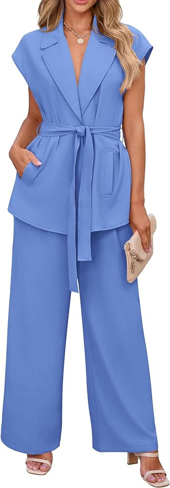 Amazon.com: PRETTYGARDEN Women's 2 Piece Outfits Casual Sleeveless Lapel V Neck Blazer Jackets Hi... | Amazon (US)