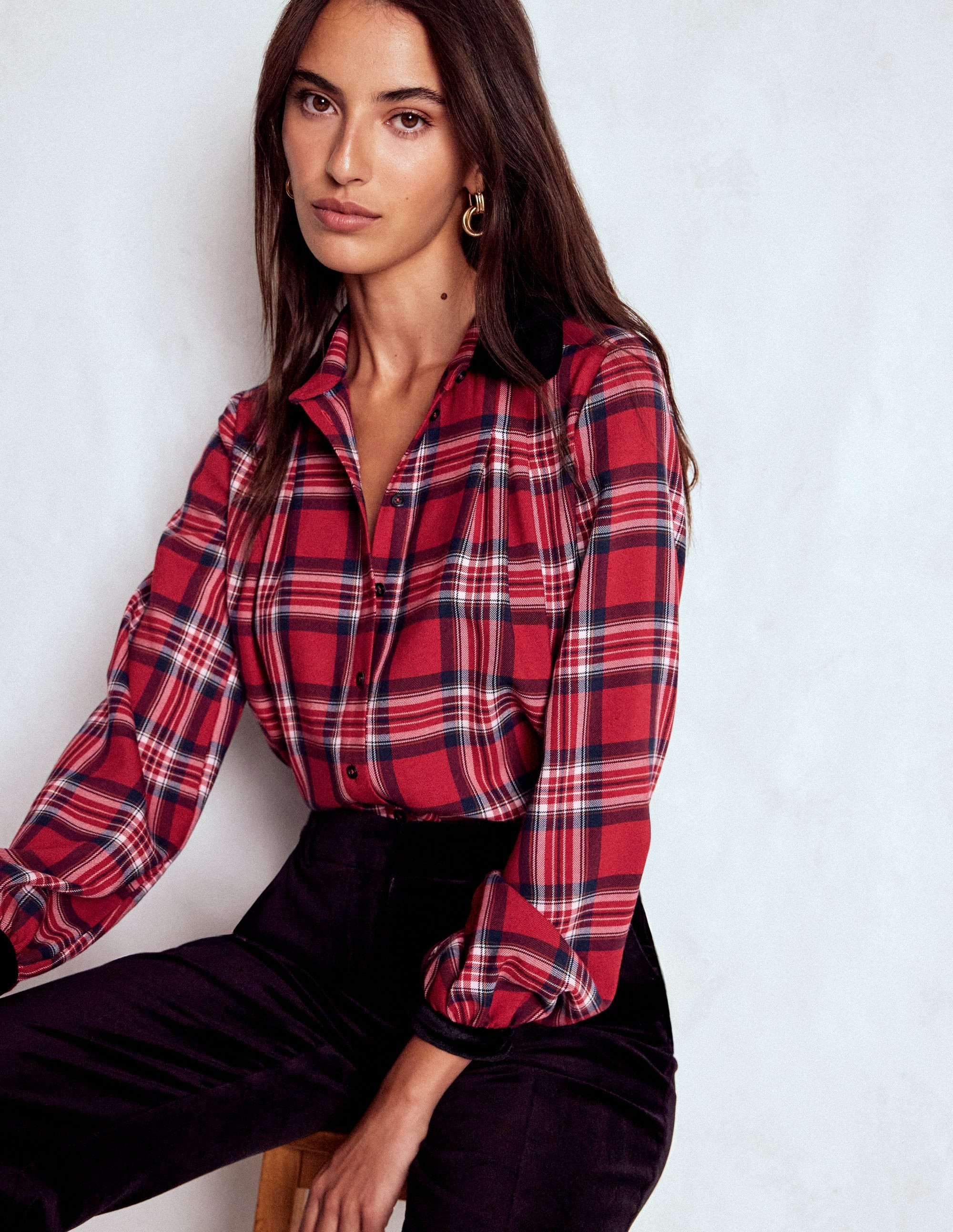 Velvet Collared Check Shirt-Red Check | Boden UK