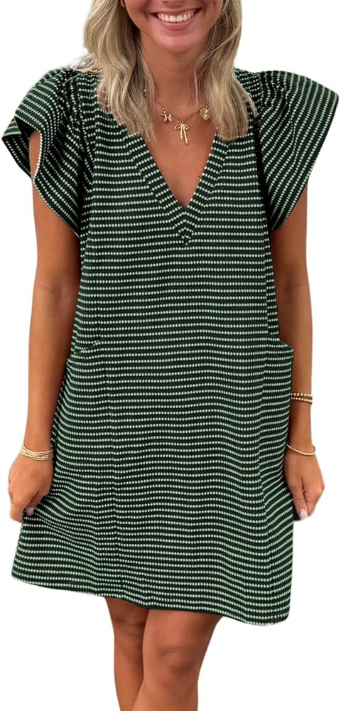 Striped V-Neck Mini Dress for Women Puff Sleeve Casual Dress with Pockets, Comfortable & Stylish ... | Amazon (US)
