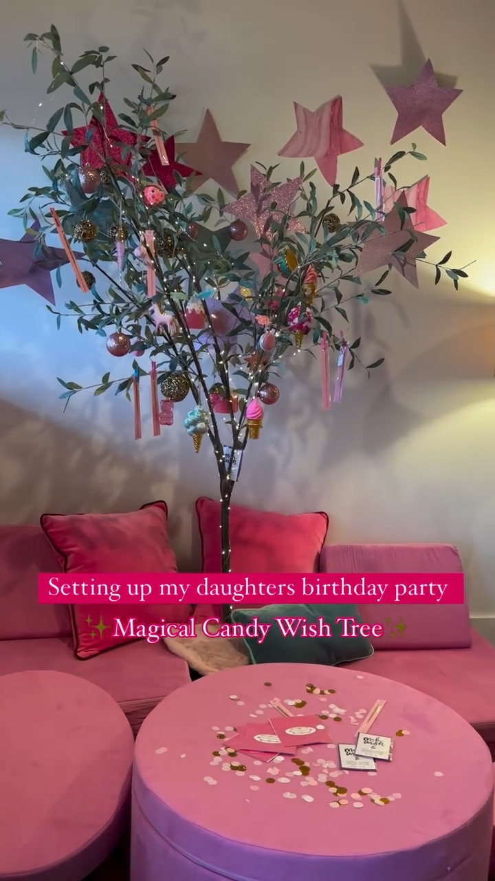 First station set up for the candy themed birthday party!

✨Magic Candy Wish tree✨

Candy ornaments from Glitterville

I used a fake tree I already had, put fairy lights on it, cut out stars from glitter paper, used some old pink Christmas ornaments and purchased new candy ornaments 💖

My favorite is the wish bracelets, sparklers and wish paper🤩

#girlsbirthday #girlsbirthdayparty #girlsbirthdaypartyideas #kidsbirthdayparty #kidsbirthday