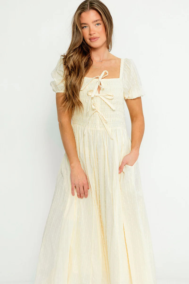 Arabelle Smocked Bow Detail Maxi Dress in Lemon Water | Worth Collective
