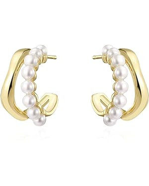 Fiotallral Pearl Hoop Earrings for Women | Lightweight Chunky Gold Hoop Earrings| Small Double Ho... | Amazon (US)