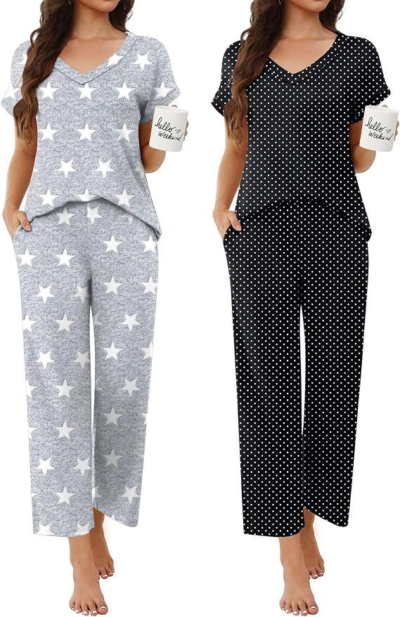 Ekouaer 2 Pack Pajama Sets for Women V Neck Short Sleeve Lounge Sets | Amazon (US)