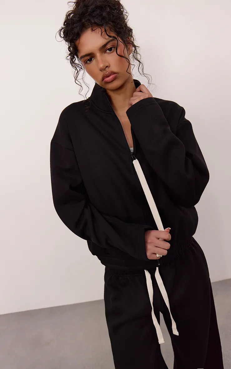 Black Contrast Drawcord Funnel Neck Sweatshirt | PrettyLittleThing US