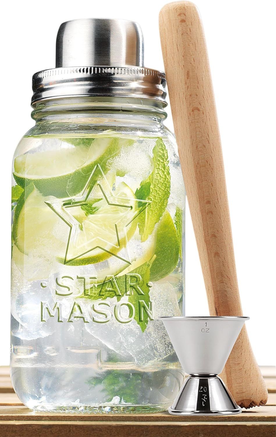 Clear Glass 30-oz Mason Jar and Stainless Steel Cocktail Shaker Set, Wood Muddler & Stainless Ste... | Amazon (US)