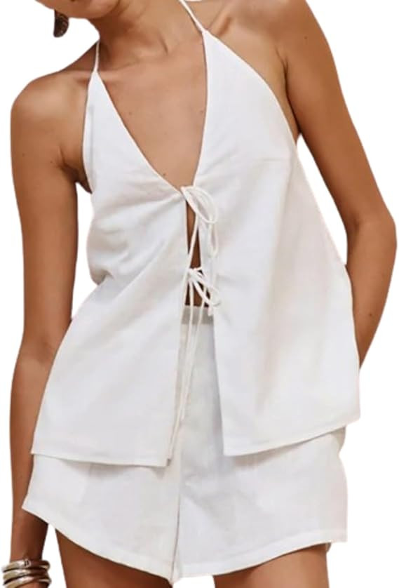 Linen Set for Women - 2 Piece Suits Set Linen Tie Front Top Linen Vest Women Y2k Backless Tank To... | Amazon (US)