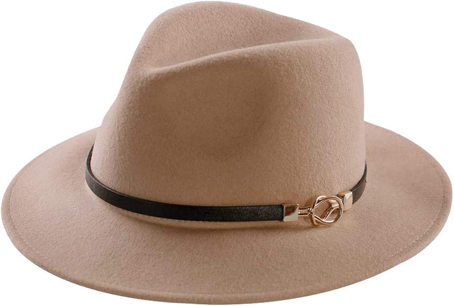 Womens Fedora Hat 100% Wool Wide Brim Felt Panama Sun Hats Vintage Trilby Cap with Buckle | Amazon (US)