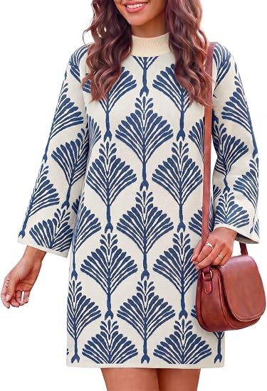 Wenrine Womens Sweater Dress Mock Neck Bell Sleeve Floral Knit Mini Dresses | Amazon (US)