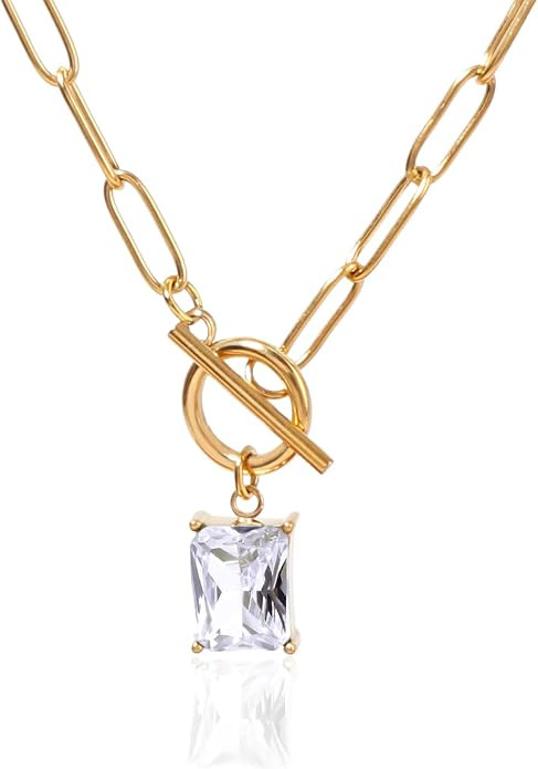 Natural Stone Paperclip Toggle Necklace Dainty Size Heart/Round Teardrop Gemstone Paper Clip Chai... | Amazon (US)