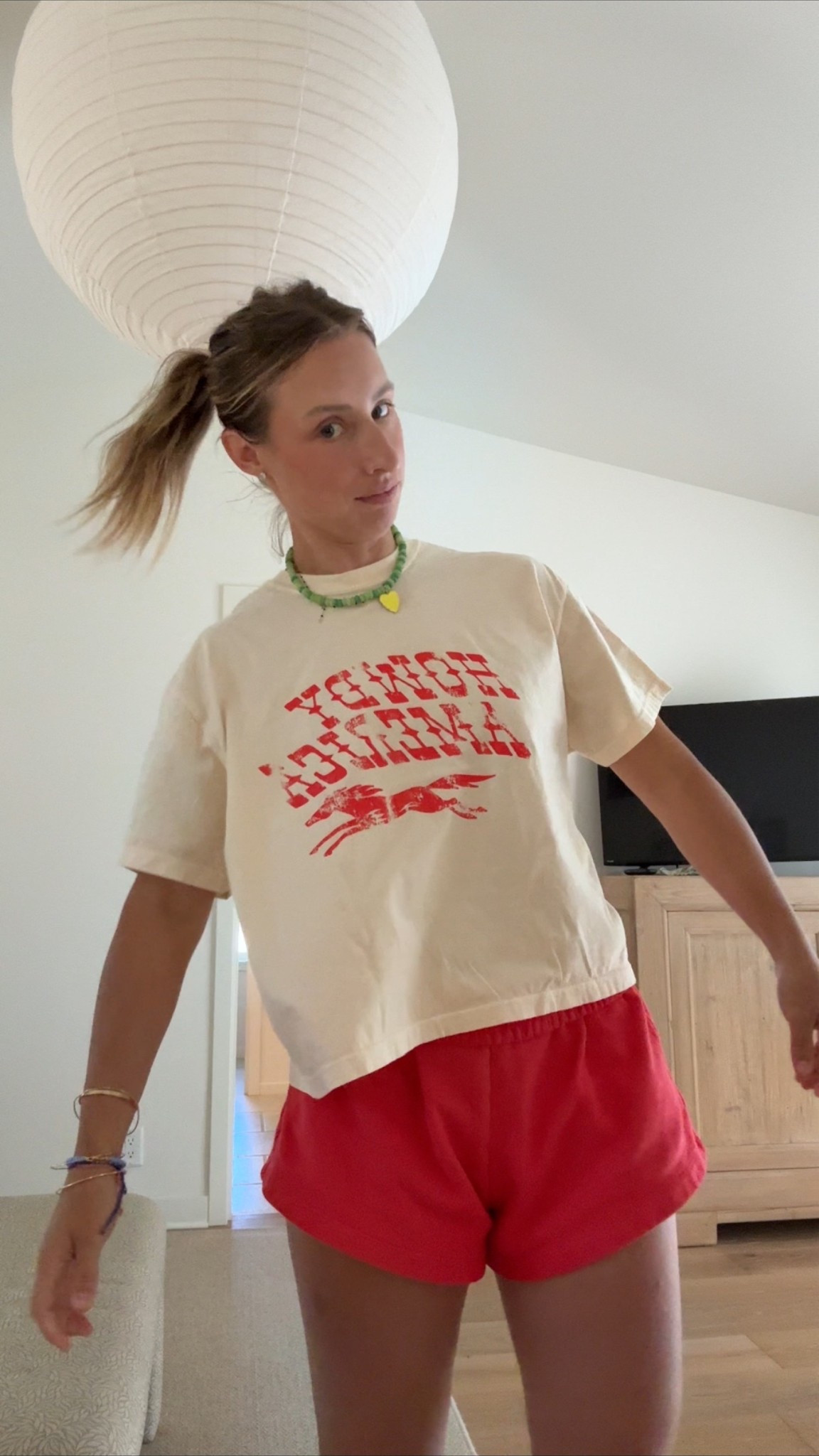 XL tee M/L shorts 
I made the necklace!