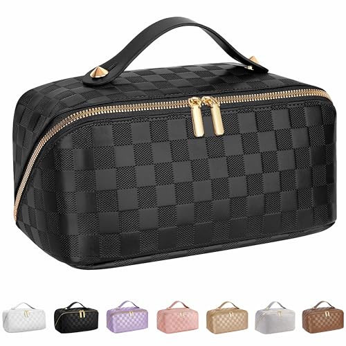 ALEXTINA Large Capacity Travel Cosmetic Bag - Portable Makeup Bags for Women Travel Toiletry Bag Waterproof Leather Checkered Makeup Organizer Bag, Roomy Cosmetic Bag for Women and Girls, Black | Amazon (US)