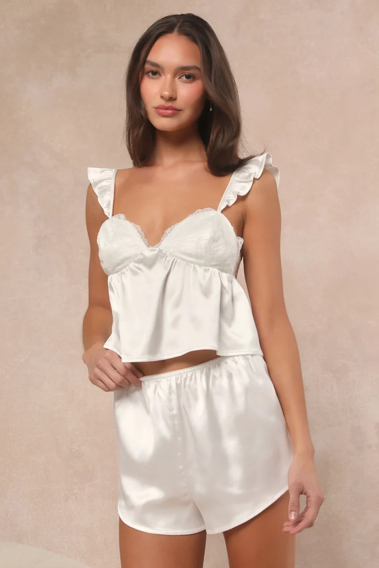 Keona Ivory Satin Lace Ruffled Two-Piece Pajama Set | Lulus