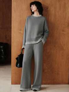 Uhlyne 2pcs Women Casual Loose Elegant Autumn Ribbed Knit Top And Pants Set, Color Block Long Sle... | SHEIN