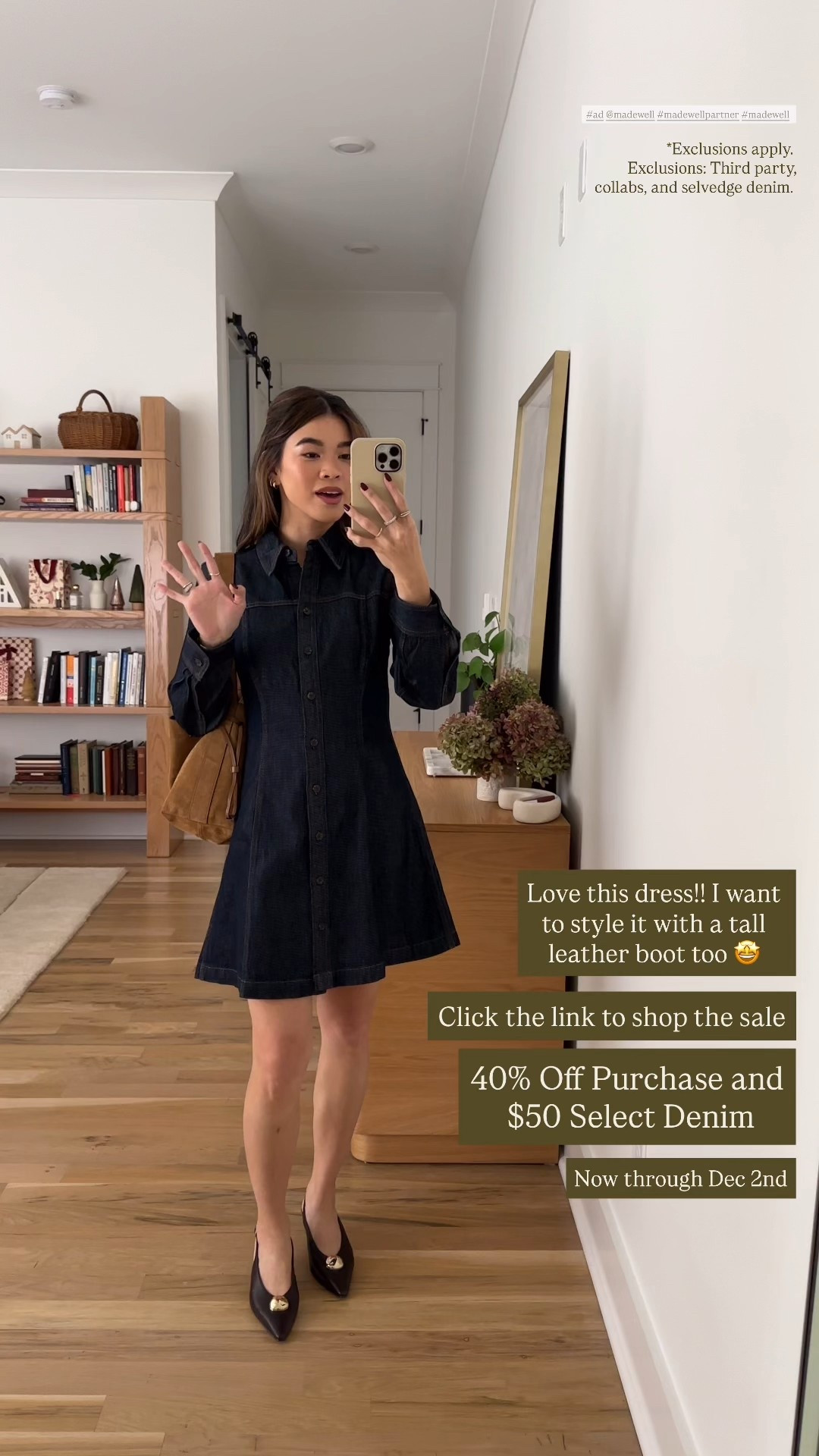Madewell sale! 40% off and $50 select denim. *Exclusions apply.  Exclusions: Third party, collabs, cashmere and selvedge denim. 

Dress: Size 00 in rinse wash 
Shoes: coffee bean
Bag: Dried Acorn

#ad @madewell #madewellpartner #madewell

#LTKPetite #LTKCyberWeek #LTKSaleAlert