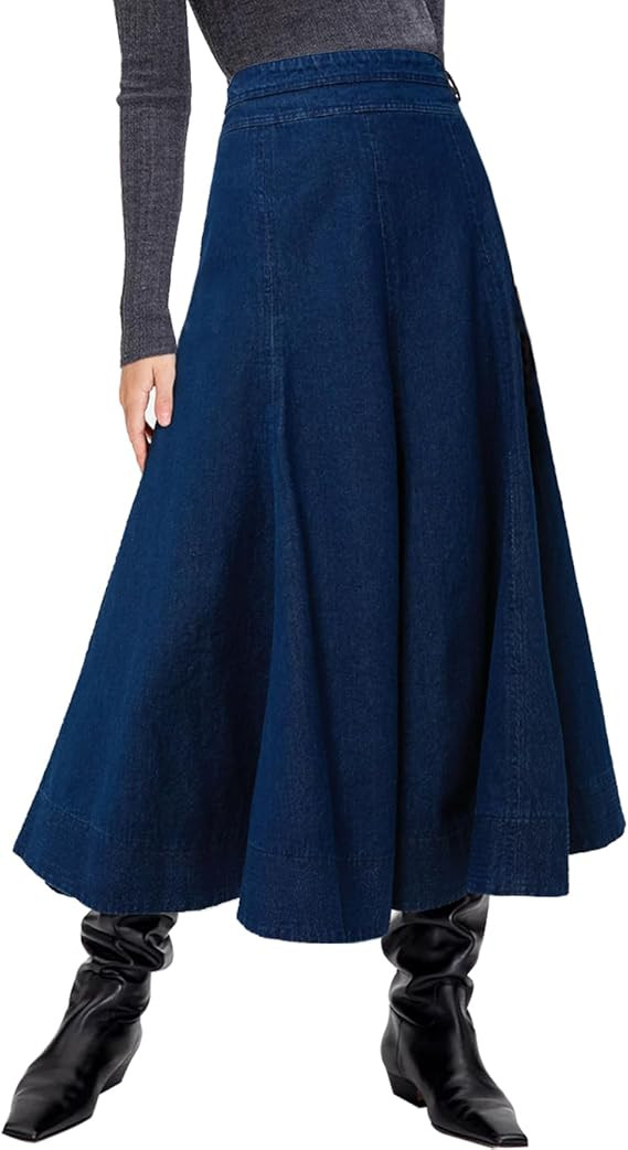 Women's Flowy Denim Skirts A Line High Waist Pleated Long Maxi Midi Flare Jean Skirts | Amazon (US)