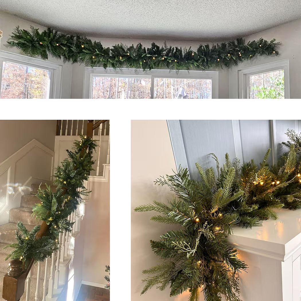 Christmas Garland with 50 Lights 9 Ft, Prelit Xnas Garland with Cypress Leaf, Battery Operated Ch... | Amazon (US)