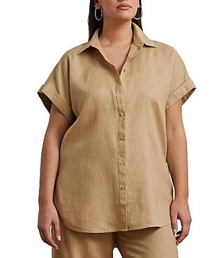 Lauren Ralph Lauren Plus Size Point Collar Short Double-Rolled Cuff Button Front Linen Shirt -  1X | Dillard's