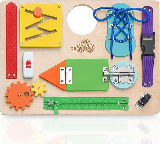 deMoca Busy Board for Toddlers, Montessori Wooden Activity Board with 10 Educational Activities f... | Amazon (US)