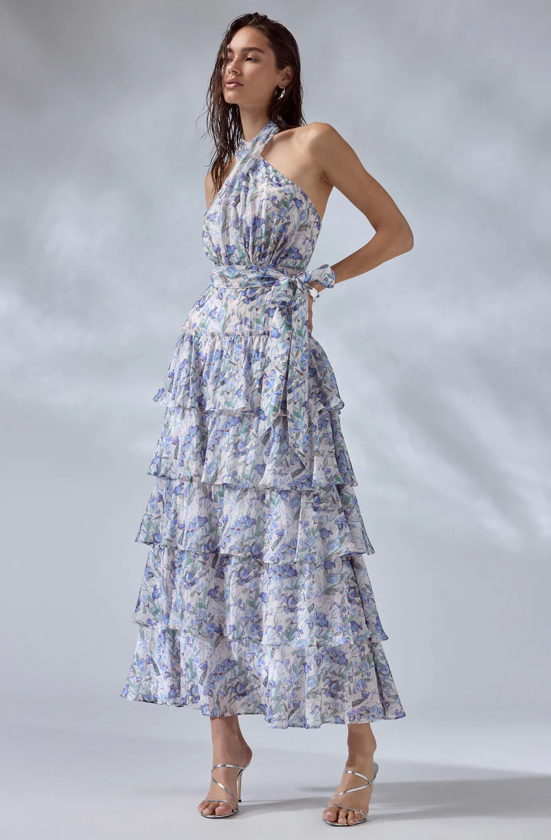 Adamaris Floral Ruffle Halter Maxi Dress - Blue floral / XS | ASTR The Label (US)