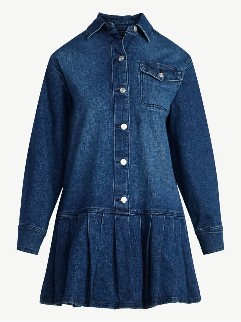 Scoop Women's and Women’s Plus Denim Pleated Mini Shirt Dress, Sizes XS-4X | Walmart (US)