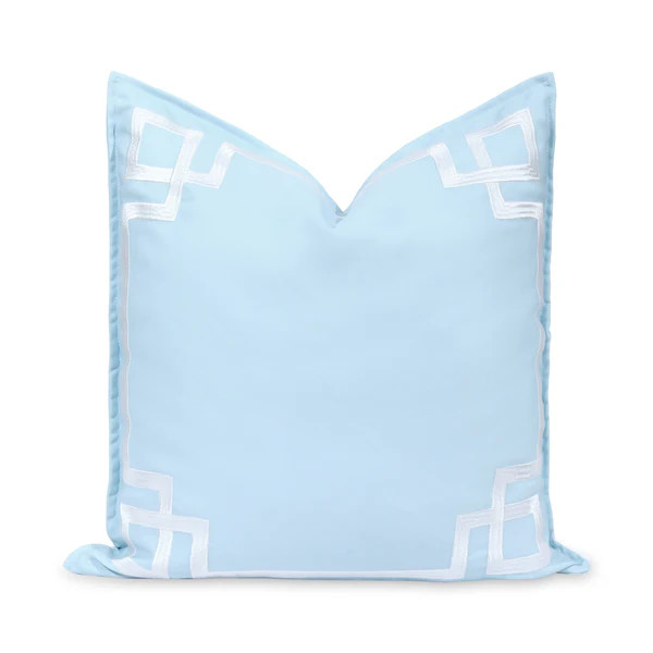 Coastal Indoor Outdoor Throw Pillow Cover, Embroidered Frame Greek Key, Baby Blue, 20"x20" | Hofdeco