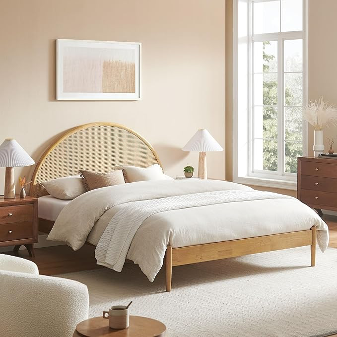 Modway Odette Arched Queen Platform Bed in Oak with Rattan Cane Headboard – Wooden Queen Half M... | Amazon (US)