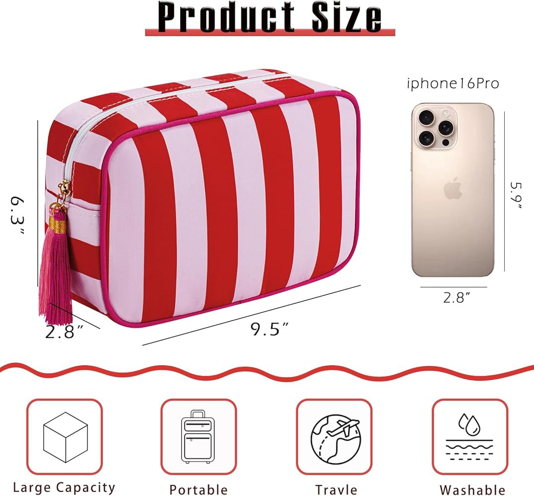 RSRSLEII Large Stripe Zipper Makeup Bag,Aesthetic Tassel Travel Cosmetic Bag,Coquette Toiletry Ba... | Amazon (US)