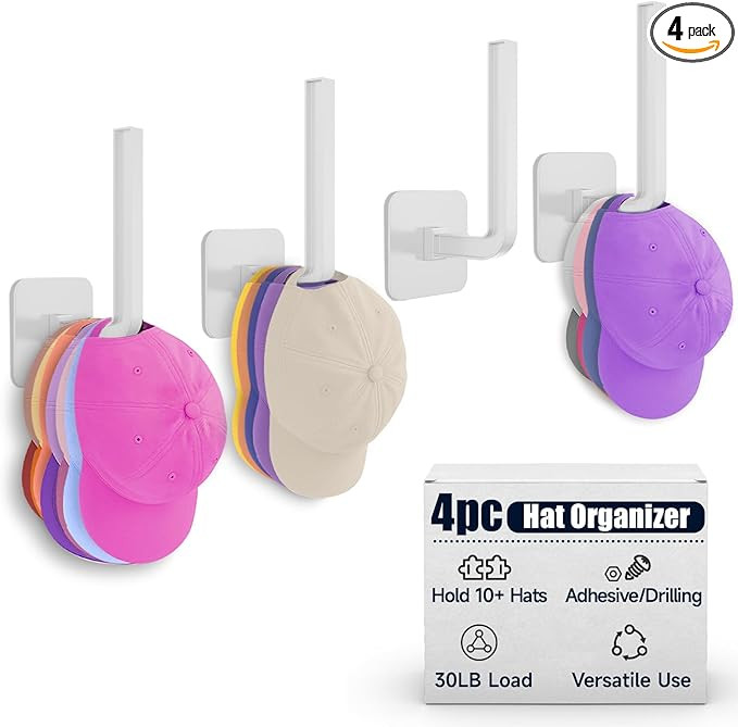 Lydia's Deal 4 Pack Hat Rack for Wall - Hat Organizer for Baseball Caps with Adhesive/Drilling, M... | Amazon (US)