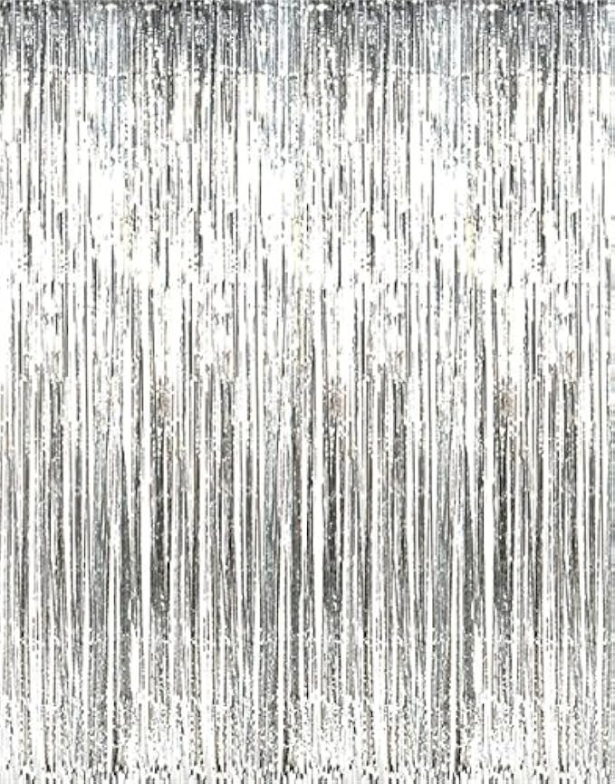 GOER 3.2 ft x 9.8 ft Metallic Tinsel Foil Fringe Curtains for Party Photo Backdrop Wedding Decor (Si | Amazon (US)